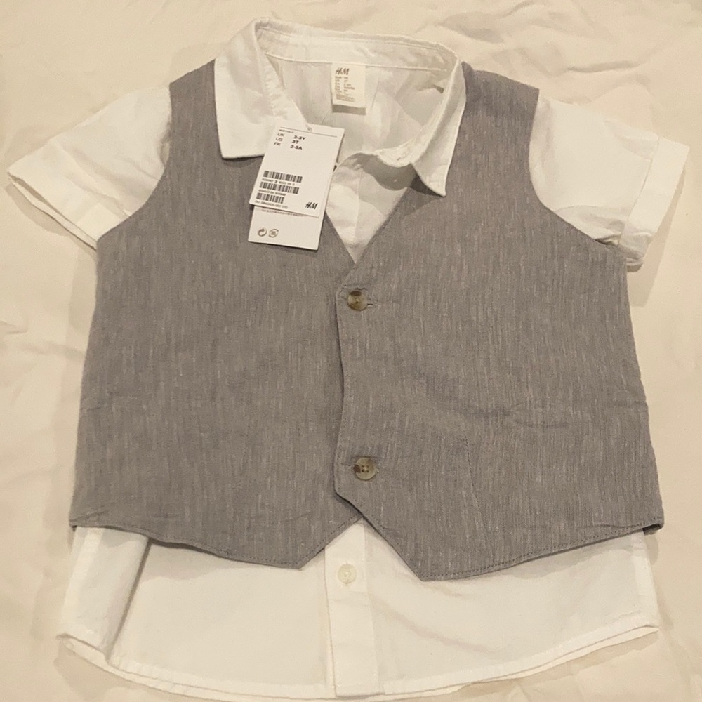 H&M Toddler boy short sleeve collared shirt, grey vest, grey shirt set